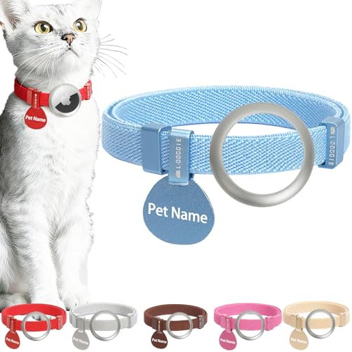 Minimalist Stretch Lightweight Custom Engraved Airtag Cat Collar with Apple Air Tag Holder and Name ID Tag Personalized Cat Collars for Kitten Boy & Girl Cats (Blue, with Apple Airtag Holder + ID Tag) - color: Blue, size: Collar With Apple Airtag Holder +