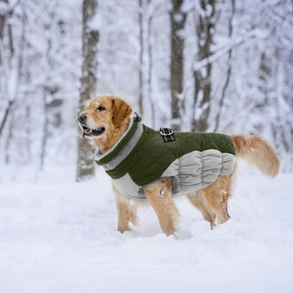 Lelepet Dog Coat Warm Dog Winter Coat Waterproof Dogs Jacket with Harness Built in Reflective Pet Fleece Vest Zip-Up Cold Weather Coats for Large Dogs Turtleneck Windproof Boston Terrier Army Green L - color: Army Green, size: Large