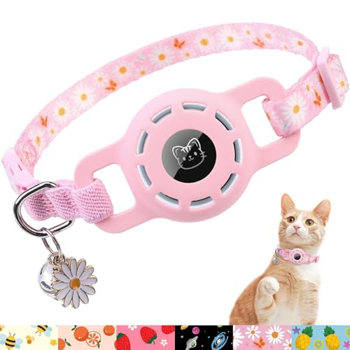 BINGPET AirTag Cat Collar with Bells, Upgraded Safety Elastic Collar with Airtag Pet Collar Holder, Anti-Lost Cat Collars for Girl Boy Cats, Anti-Suffocation Kitty Puppy Collars - color: Pink Flower