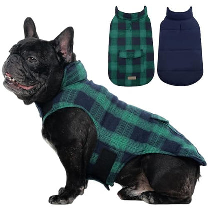 Kuoser Dog Winter Coat, Reversible Dog Jacket, Warm Doggie Coat British Style Puppy Cold Weather Vest, Windproof Pet Clothes Vest for Small Dogs, Green S - color: Green Plaid, size: S (Chest Girth: 13.8-17.3'')