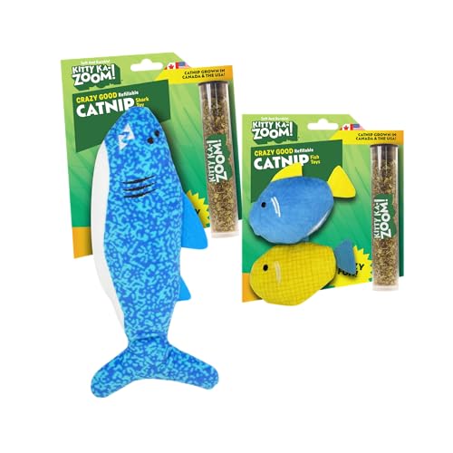 Shark and Fish 2-Pack Toy Bundle | ZOOMIE Refillable Shark and Fish Plush Catnip Toys | High Potency Hand Harvested Fresh Catnip | Soft Plush for Engaging Play - color: Shark & Two Fish