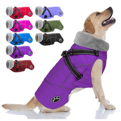 Dog Jacket Waterproof Dog Coat with Harness Built in, Christmas Puppy Winter Coat Reflective Turtleneck Puffer Snow Jackets for Small Medium Large Dogs - color: Purple, size: Large
