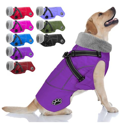 Dog Jacket Waterproof Dog Coat with Harness Built in, Christmas Puppy Winter Coat Reflective Turtleneck Puffer Snow Jackets for Small Medium Large Dogs - color: Purple, size: X-Large