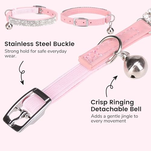 BINGPET Diamond Cat Collar with Bell, Adjustable Soft Velvet Bling Rhinestone Cat Collar, Sparkly Kitten Collar with Safety Elastic & Metal Buckle for Small Medium Cats - color: Pink(Rhinestones), size: Neck Girth 8"-10"