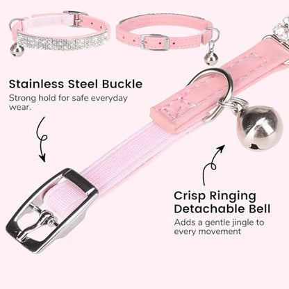 BINGPET Diamond Cat Collar with Bell, Adjustable Soft Velvet Bling Rhinestone Cat Collar, Sparkly Kitten Collar with Safety Elastic & Metal Buckle for Small Medium Cats - color: Pink(Rhinestones), size: Neck Girth 8"-10"