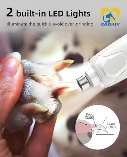 Casfuy Dog Nail Grinder Quiet - (45db) 6-Speed Pet Nail Grinder with 2 LED Lights for Large Medium Small Puppy Dogs/Cats, Professional 3 Ports Rechargeable Electric Dog Nail Trimmer with Dust Cap - color: White