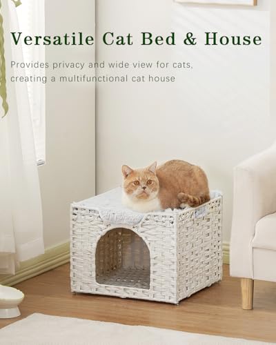 SETVSON Cat Beds Indoor Kitten House, Handwoven Rattan Cat Cave Pet Cube, Large Cat Houses, One Bed Mat, Foldable, Hideaway, 16.5x16.5x13.2 Inches, 2 S-Shaped Hooks in Living Room Bedroom White - color: White, size: Rectangle-M