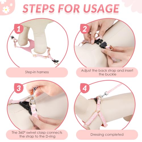 Lukovee Puppy Harness and Leash Set, No Pull Lightweight Soft Suede Adjustable Pet Harness Vest with Snap Buckle for Puppy Small and Medium Size Dog (Pink-S) - color: Pink Daisy, size: Small ( 9-17.5lb )