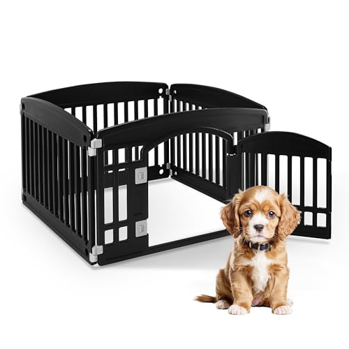 HealSmart 4 Panel Dog Playpen, 24” Exercise Puppy Playpen with Door, Safe, Secure, Folding & Portable Pet Playpen for Indoor & Outdoor Use, Suitable for Puppies and Small, Black