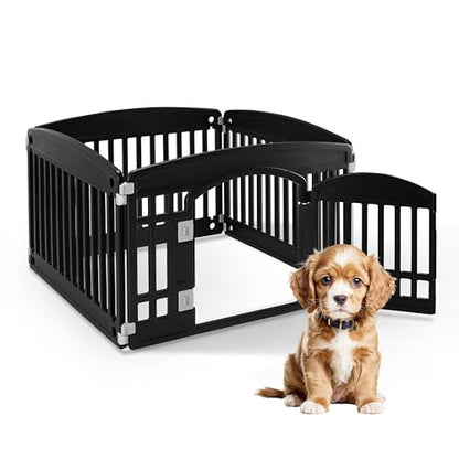 HealSmart 4 Panel Dog Playpen, 24” Exercise Puppy Playpen with Door, Safe, Secure, Folding & Portable Pet Playpen for Indoor & Outdoor Use, Suitable for Puppies and Small, Black