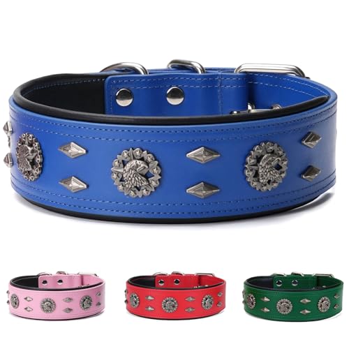 Premium Leather Dog Collar for Medium Dogs - 1.6-Inch Wide Adjustable Soft Handmade Eagle Hardware Ornamental Collar for Large Breeds, Durable & Comfortable - Blue - color: Blue, size: Width 1.6",Neck Size 16.5"-20.5"