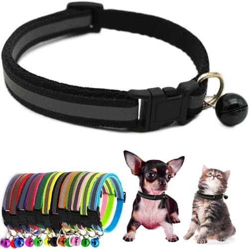 Black XS Dog Collar with Bell, Reflective Puppy Collars with Bell Soft Adjustable Buckle for XS Extra Small Puppies Female Male Tiny Little Cats Boy Girl Pets Kitten Yorkie Chihuahua Teacup Small - color: Black, size: S(Neck 11"-15")