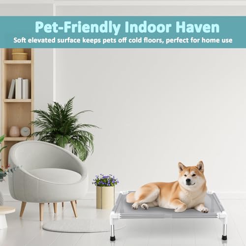 Elevated Dog Bed with Teslin Cooling Fabric - Lightweight Dog Cot for Medium Dogs, Waterproof & Washable Breathable Mesh, Raised Pet Bed for Indoor Outdoor Use, Anti-Slip, Easy Clean - size: M-Gray