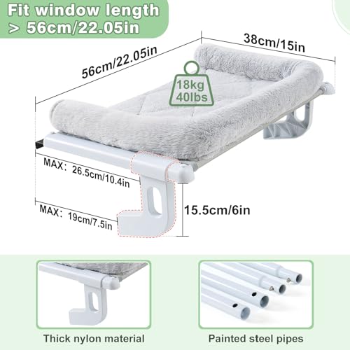 Cat Window Perch Hammock Sturdy Windowsill Bed Seat for Large Cats No Drilling No Suction Adjustable Kitty Shelf with Washable Cover Easy Assembly Holds up to 40 lbs 22.05 * 15 in (Grey, S) - color: Grey, size: 22.05x15in