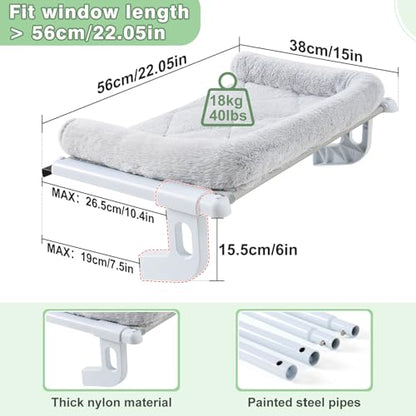 Cat Window Perch Hammock Sturdy Windowsill Bed Seat for Large Cats No Drilling No Suction Adjustable Kitty Shelf with Washable Cover Easy Assembly Holds up to 40 lbs 22.05 * 15 in (Grey, S) - color: Grey, size: 22.05x15in
