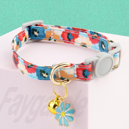 Faygarsle 2 Pack Breakaway Cat Collar with Bells for Girl Cats Cute Pink Collar with Flower Charm Floral Girly Spring for Cats - color: Pink&Blue