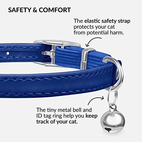CollarDirect Leather Cat Collar with Removable Bell – Safety Elastic Strap (Breakaway Alternative) – Kitten Collar for Small & Big Boy & Girl Cats - color: Navy Blue, size: 8-11 Inch