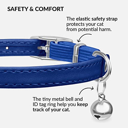 CollarDirect Leather Cat Collar with Removable Bell – Safety Elastic Strap (Breakaway Alternative) – Kitten Collar for Small & Big Boy & Girl Cats - color: Navy Blue, size: 6-7 Inch