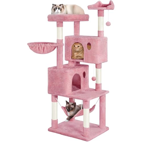 Yaheetech 64.5in Extra Large Cat Tree, Multi-Level Sturdy Tower with 2 Perches, 2 Condos, 5 Sisal Scratching Posts, Hammock Basket & Dangling Balls, Ideal for Large Kitty Multi-Cat Households, Pink - color: Pink, size: 64.5in