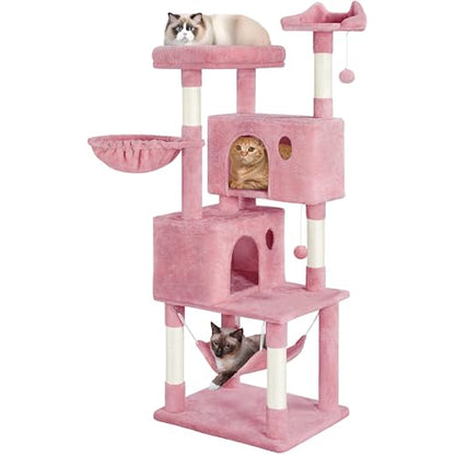 Yaheetech 64.5in Extra Large Cat Tree, Multi-Level Sturdy Tower with 2 Perches, 2 Condos, 5 Sisal Scratching Posts, Hammock Basket & Dangling Balls, Ideal for Large Kitty Multi-Cat Households, Pink - color: Pink, size: 64.5in