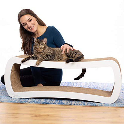 PetFusion Jumbo Cat Scratcher Lounge, White. 39 x 11 x 14 inch 4 Cardboard Scratching Surfaces and 2 Levels, Scratch, Play, Perch, and Hide100% Recyclable Cardboard Cat Lounge