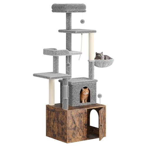Litter Box Enclosure with Cat Tree, 2 in-1 Modern Cat Tower, Hidden Washroom Furniture, Wood Cat Condo with Scratching Post and Hammock, Indoor Pet Furniture with Multiple Platform, Rustic Brown - color: Rustic Brown