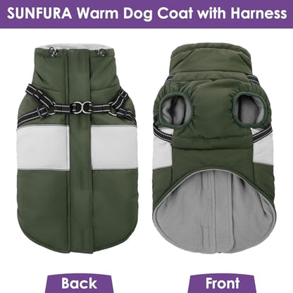 Small Dog Coat with Harness Built in, Warm Dog Jacket Winter with Zipper On Back, Waterproof Pet Snow Jacket Snowsuit Pet Sweater Clothes for Puppy, Army Green XS - color: Army Green, size: X-Small