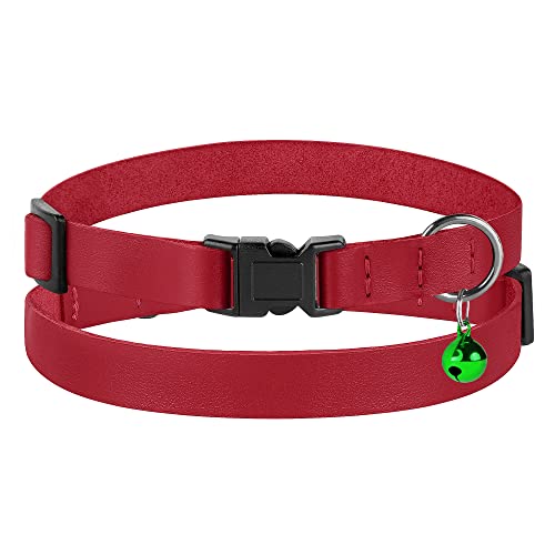Breakaway Cat Collar with Bell - Leather Adjustable Kitten Collars with Safety Quick Release Buckle - Soft Small Pet Collars for Girl & Boy Cats (Red) - color: Red