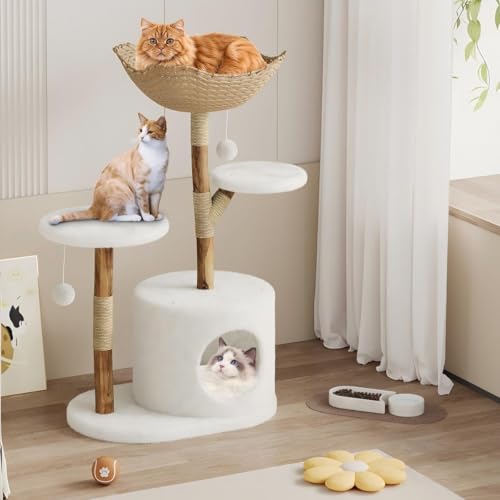 Modern Real Wood Cat Tree Tower, Luxury Aesthetic Cat Tree Condo with Platforms, Scratching Posts & Washable Mats, 43" Wooden Cats Tower Two Branch