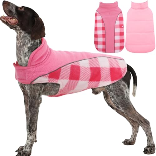 Kuoser Dog Winter Coat, Reversible Waterproof Dog Jacket with Reflective Strip, Warm Dogs Fleece Vest Adjustable Doggy Cold Weather Clothes Plaid Christmas Outfit Pet Apparel for Large Dogs, Pink L - color: Pink, size: Large (Chest Girth: 20.9-24.4'' )