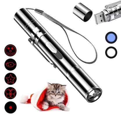 Pet Cat Laser Toy, USB Rechargeable Handheld Pointer, 5 Red Laser Patterns, Suitable Indoor Interaction with Cats or Dogs