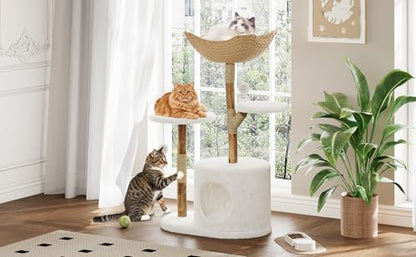 Modern Cat Tree, Solid Wood Cat Tree Tower with Hand-Woven Basket Cat Condo, Natural Jute Scratching Posts Modern Cat Tower with Plush Perches & Dangling Balls, Cat Trees for Kittens & Adult Cats - size: Two Branch