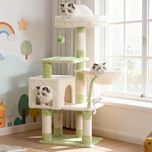 Heybly Cat Tree with Toy, Cat Tower condo for Indoor Cats, Cat House with Padded Plush Perch, Cozy Hammock and Sisal Scratching Posts, Green and Beige HCT004SGM - color: Green and Beige, size: 43.3 inch