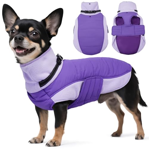 BRKURLEG Dog Coat, Turtleneck Winter Jacket with Harness for Small Medium and Large Dogs, Windproof Reflective Warm Fleece Dogs Snowsuit with Hook & Loop, Dog Coats for Cold Weather, Purple S - color: Purple, size: Small