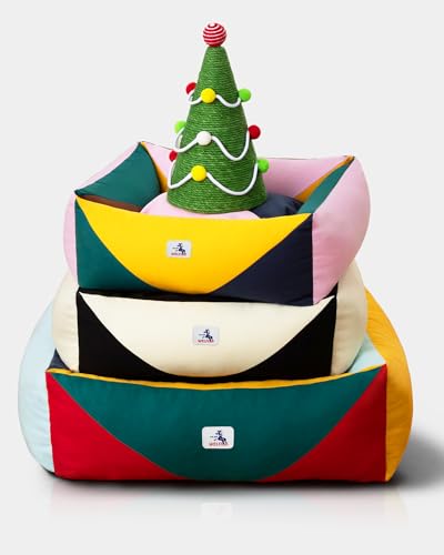 Cotton Canvas Dog Bed, Cute Dog Bed Medium Size Dog, Puppy Bed with Washable Removable Cover, Durable 290 GSM Cotton Anti-Chewing Pet Bed with Anti-Slip Bottom (30"x25"x10", Red&Yellow&Green) - color: Red+Green+Yellow, size: Medium