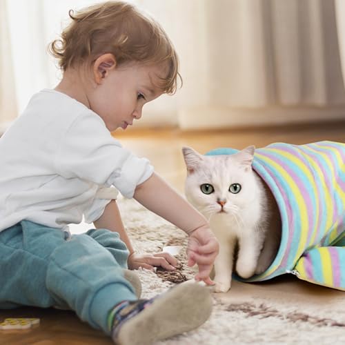 Spardar Bunny Tunnel Bed, 2-in-1 Collapsible Tunnel Tubes Toys, Washable, with Removable Mat Hideout, Interactive Toys for Rabbits Chinchilla Hedgehog Guinea Pigs Kitty, Stripe - color: Stripe