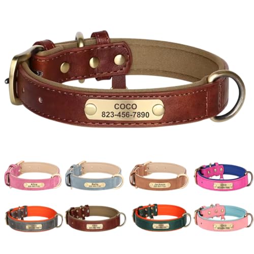 Personalized Dog Collar with Engraved Nameplate, Custom PU Leather Pet ID Collar for Small Medium Large Dogs, Engraved Name and Phone Number Tag for Pet Puppy (Brown, L) - color: Brown, size: L