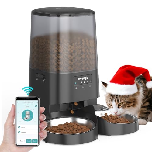 Automatic Cat Feeder with App Control, 5L Food Dispenser for 2 Cats, 2.4/5G WiFi, Dual Power, Programmable Portions, Anti-Jam & Fresh-Lock, Stainless Steel Bowls, Easy to Clean - color: Black, size: Dual-Bowl