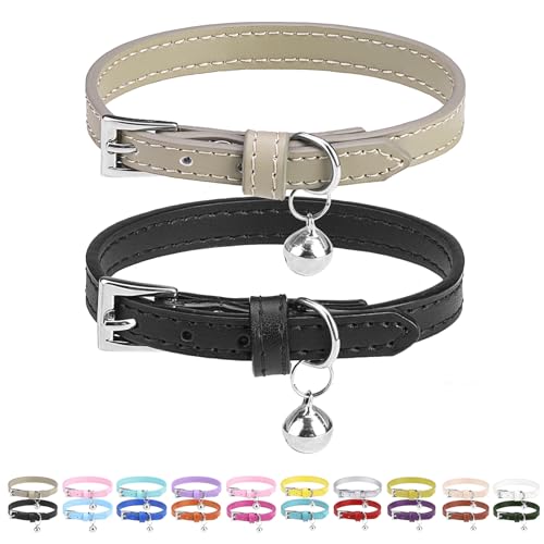 PUPTECK 2 PCS Soft Genuine Leather Cat Kitten Collar with Bells Adjustable for Girl Boy Cats Puppy - Black, Khaki - color: Black&Khaki
