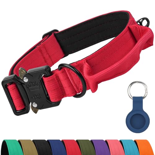 Joytale Tactical Dog Collar for Medium Dogs with Control Handle, Heavy Duty Military Training Collar for Power Breeds, AirTag Holder Case, Quick Release Metal Buckle, Soft Padded, M, Red - color: Red, size: M-1.0"×14-18"