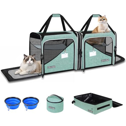 Petskd 2 in 1 Double Cat Car Travel Carrier with Litter Box, 38"x17"x18" Dual Extra Large Cat Carrier for Several Cats, Portable Cat Carrier with Zipper Locks for Longer Road Trips (Green)