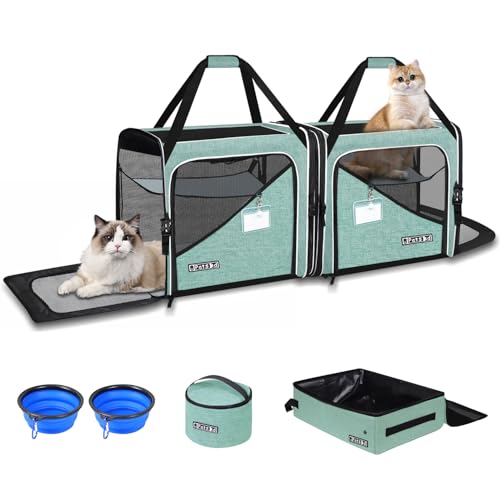 Petskd 2 in 1 Double Cat Car Travel Carrier with Litter Box, 38"x17"x18" Dual Extra Large Cat Carrier for Several Cats, Portable Cat Carrier with Zipper Locks for Longer Road Trips (Green)