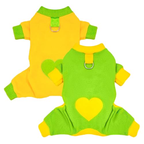 2 Pack Dog Pajamas Small Sized Dog Fleece Pajamas Cute Dogs Fleece Sweater Doggy Sweater Love Pattern Onesies for Pjs Small Clothes - color: green, size: Medium(suggest Length of Back 11'')