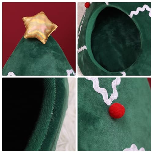 NIBESSER Cat Bed Christmas Tree Cat Tent House Self-Warming 2 in 1 Removable Comfortable Triangle Pet Teepee Xmas Dog Cave in Winter(Green/White)
