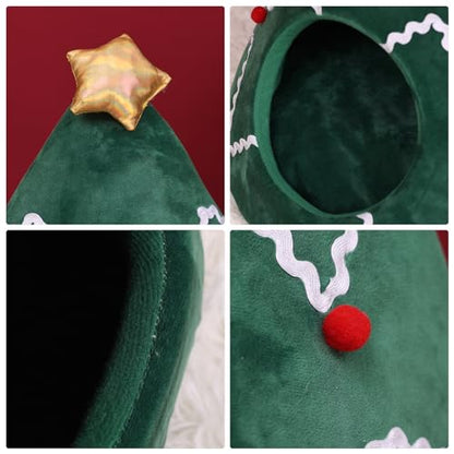 NIBESSER Cat Bed Christmas Tree Cat Tent House Self-Warming 2 in 1 Removable Comfortable Triangle Pet Teepee Xmas Dog Cave in Winter(Green/White)