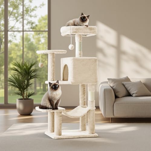 Cat Tree Tower 44 Inch, Small Cat Tower with Condo, Hammock, Sisal Scratching Posts, Extended Perch, Pet Play House for Indoor Kittens and Cats, Beige - color: Beige, size: 44in