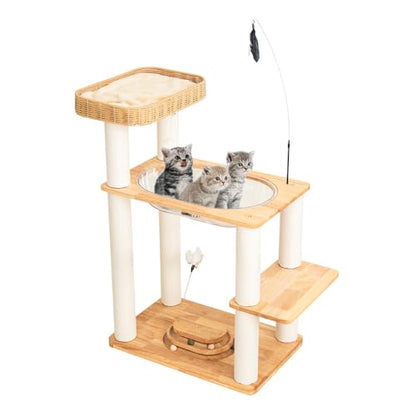 Wood Cat Tree for Large Cats, Modern Cat Tree Tower with Wide Shelves Cotton Scratching Posts, Super Sturdy Base, Cozy Perches, and Interactive Toys for Indoor Kittens - color: s975