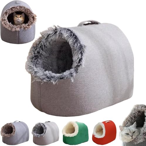 Winter Warm Pet Cave Bed, Cozy Cat Tent for Indoor Cats & Small Dogs, Calming Plush Anti-Anxiety Cuddler Beds, Enclosed Hooded, Anti-Slip Hideout House, Portable Washable Pet Nest (Gray ﻿, M) - color: Gray ﻿, size: M