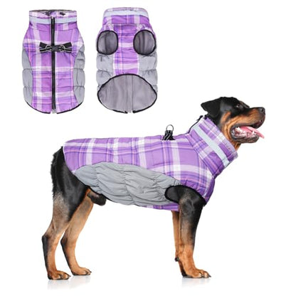 BEAUTYZOO Dog Winter Coat with Harness Built in, Reflective Plaid Puffer Vest Waterproof for Large Dogs, Fleece Warm Puppy Zipped Jacket with D Ring, Pet Cold Weather Sweater Clothes, Purple L - color: Purple, size: Large
