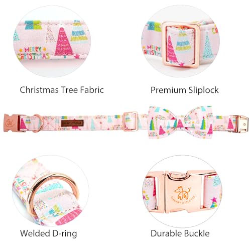 Elegant little tail Christmas Dog Collar, Christmas Tree Pet Collars Bow Pink Metal Buckle Collar Puppy Girl Boy Holiday Cotton Soft Bowtie Adjustable Dog Collar for X-Small Dogs - color: Christmas Tree Pink, size: X-Small (Pack of 1)